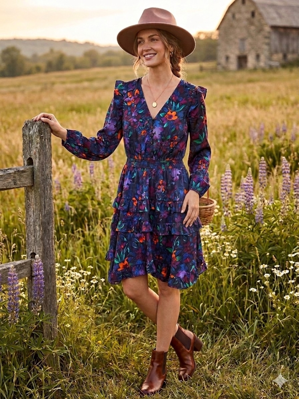 The Pioneer Woman Tiered Ruffle Mini Dress Floral Blue Orange Size Large